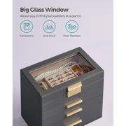 Grey and Gold Jewellery Box with Glass Lid Organiser for Accessories by Songmics