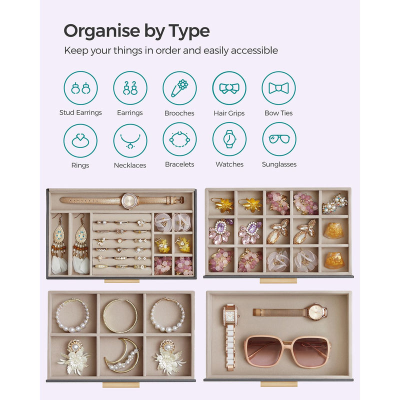 Grey and Gold Jewellery Box with Glass Lid Organiser for Accessories by Songmics