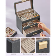 Grey and Gold Jewellery Box with Glass Lid Organiser for Accessories by Songmics