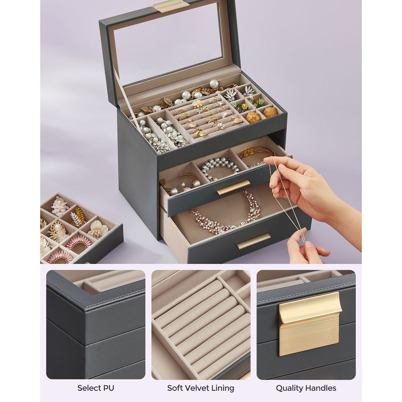 Grey and Gold Jewellery Box with Glass Lid Organiser for Accessories by Songmics