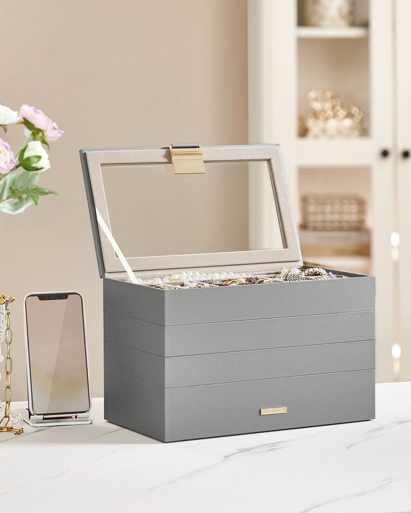 4 Tier Stackable Jewellery Box in Dove Grey with Multiple Compartments by Songmics