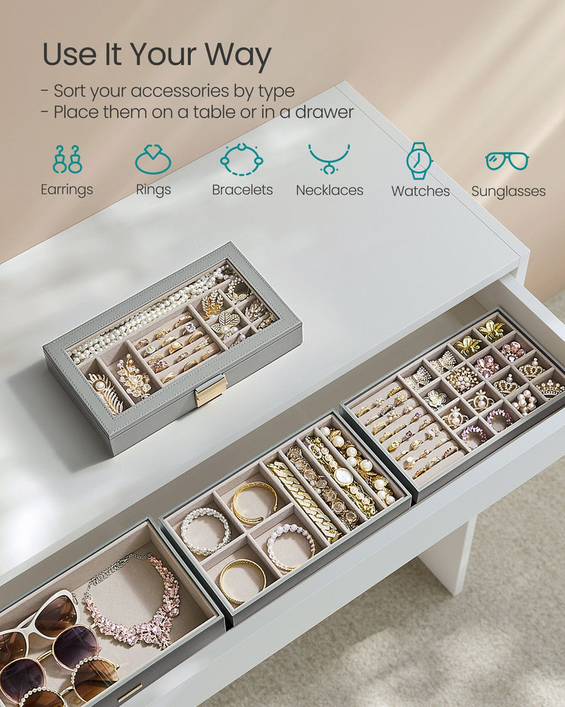 4 Tier Stackable Jewellery Box in Dove Grey with Multiple Compartments by Songmics