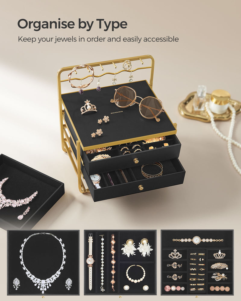 Black 3 Tier Jewellery Box with Drawers for Earrings Rings and Necklaces by Songmics