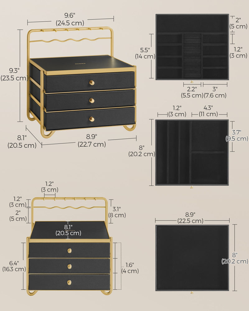 Black 3 Tier Jewellery Box with Drawers for Earrings Rings and Necklaces by Songmics