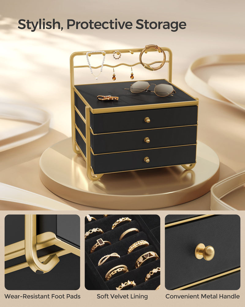 Black 3 Tier Jewellery Box with Drawers for Earrings Rings and Necklaces by Songmics