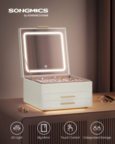 Cream White and Gold 3 Layer Jewellery Box with Mirror Organiser Storage by Songmics
