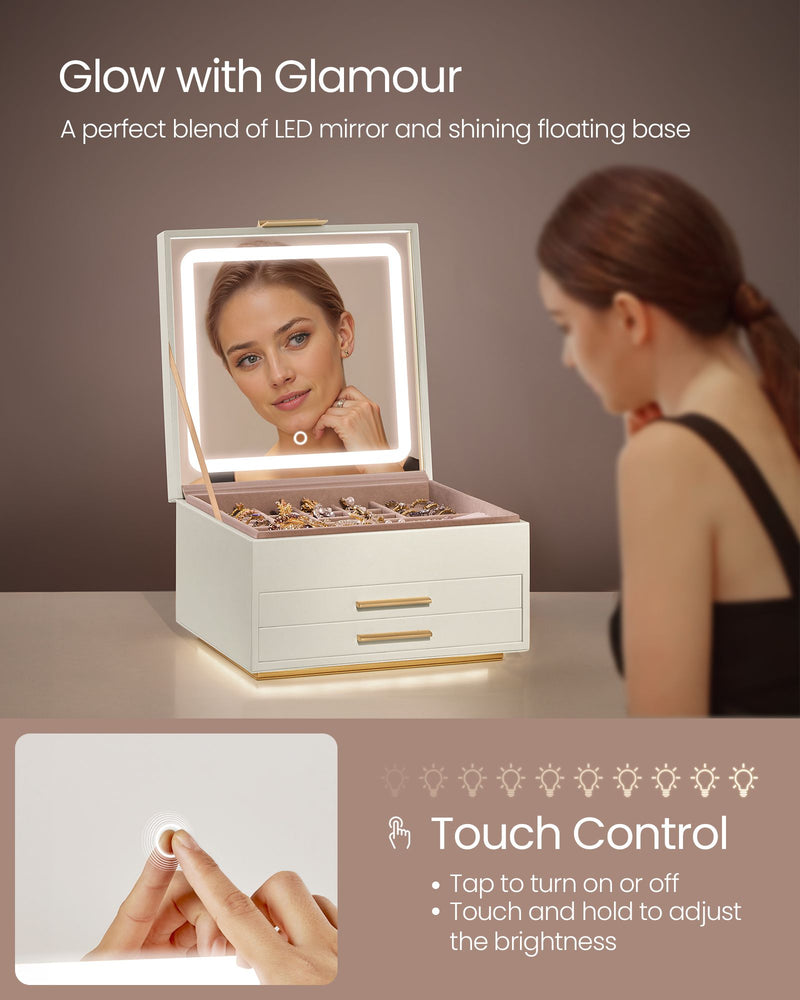 Cream White and Gold 3 Layer Jewellery Box with Mirror Organiser Storage by Songmics