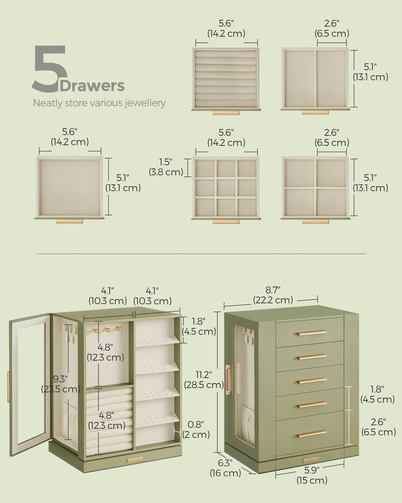 Laurel Green Jewellery Box with 5 Drawers and 360 Degree Rotation by Songmics