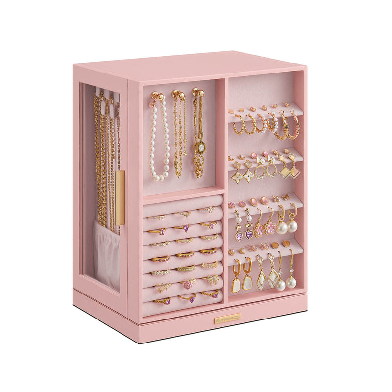 Jelly Pink Jewellery Box with 5 Drawers 360 Degree Rotating Glass Lid Organiser by Songmics