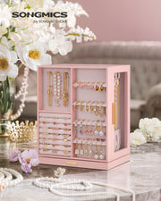 Jelly Pink Jewellery Box with 5 Drawers 360 Degree Rotating Glass Lid Organiser by Songmics