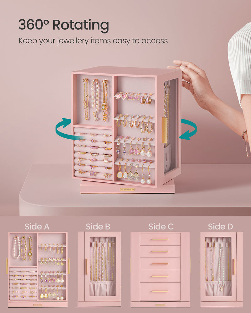 Jelly Pink Jewellery Box with 5 Drawers 360 Degree Rotating Glass Lid Organiser by Songmics
