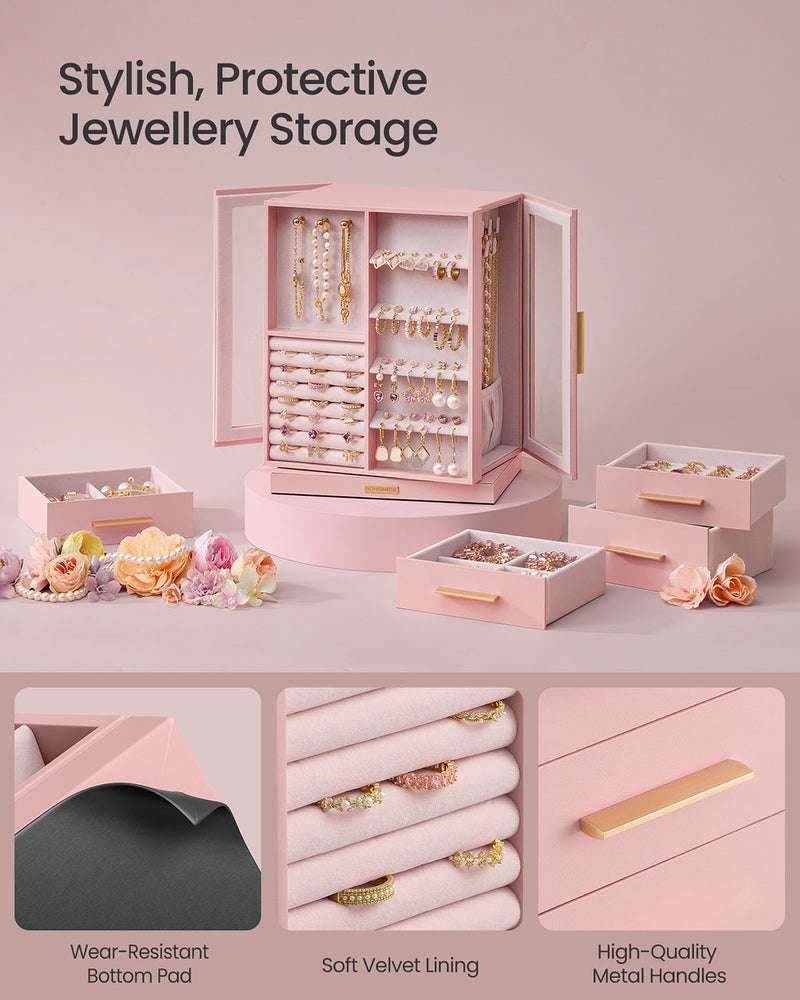 Jelly Pink Jewellery Box with 5 Drawers 360 Degree Rotating Glass Lid Organiser by Songmics