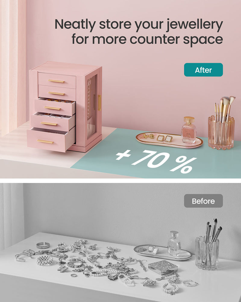 Jelly Pink Jewellery Box with 5 Drawers 360 Degree Rotating Glass Lid Organiser by Songmics