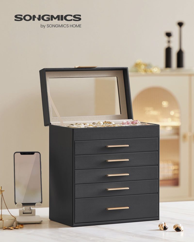 6 Tier Jewellery Box with Glass Lid in Black and Gold for Organised Storage by Songmics