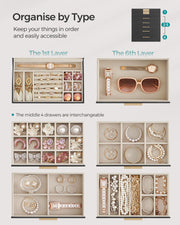 6 Tier Jewellery Box with Glass Lid in Black and Gold for Organised Storage by Songmics