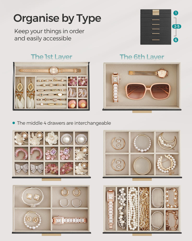 6 Tier Jewellery Box with Glass Lid in Black and Gold for Organised Storage by Songmics