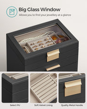 6 Tier Jewellery Box with Glass Lid in Black and Gold for Organised Storage by Songmics