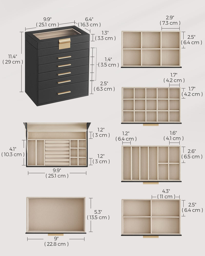 6 Tier Jewellery Box with Glass Lid in Black and Gold for Organised Storage by Songmics