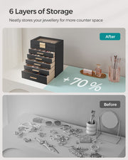 6 Tier Jewellery Box with Glass Lid in Black and Gold for Organised Storage by Songmics