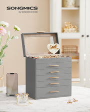 6 Tier Jewellery Box with Lid in Dove Grey and Gold Ideal for Organising Accessories by Songmics
