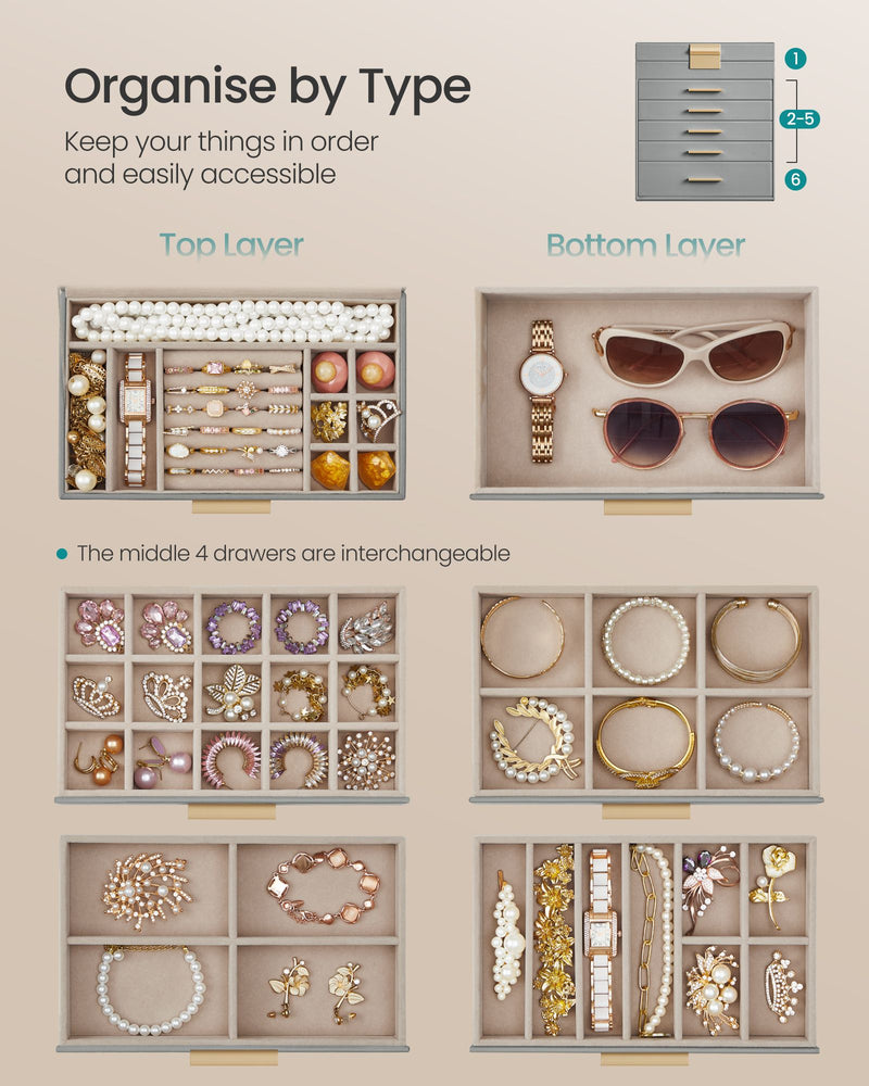 6 Tier Jewellery Box with Lid in Dove Grey and Gold Ideal for Organising Accessories by Songmics