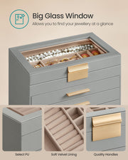6 Tier Jewellery Box with Lid in Dove Grey and Gold Ideal for Organising Accessories by Songmics