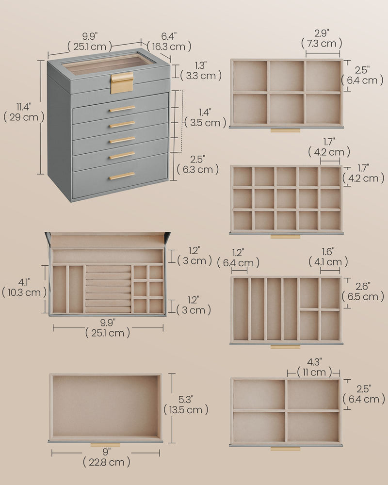 6 Tier Jewellery Box with Lid in Dove Grey and Gold Ideal for Organising Accessories by Songmics