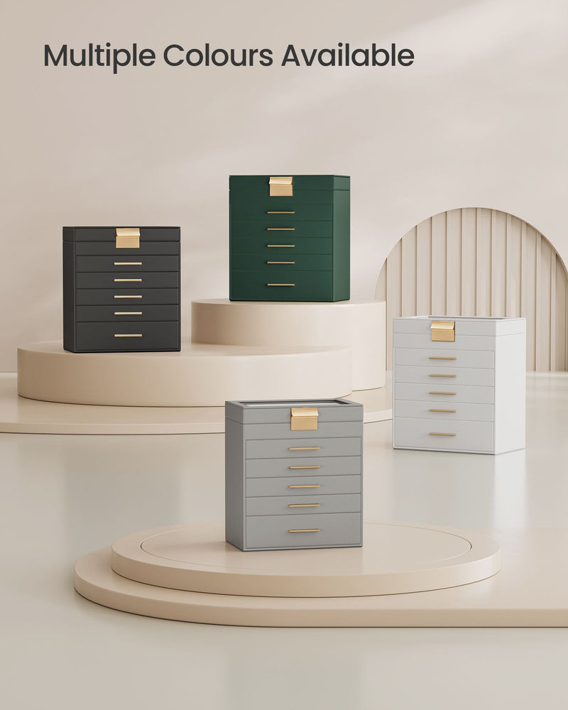 6 Tier Jewellery Box with Lid in Dove Grey and Gold Ideal for Organising Accessories by Songmics