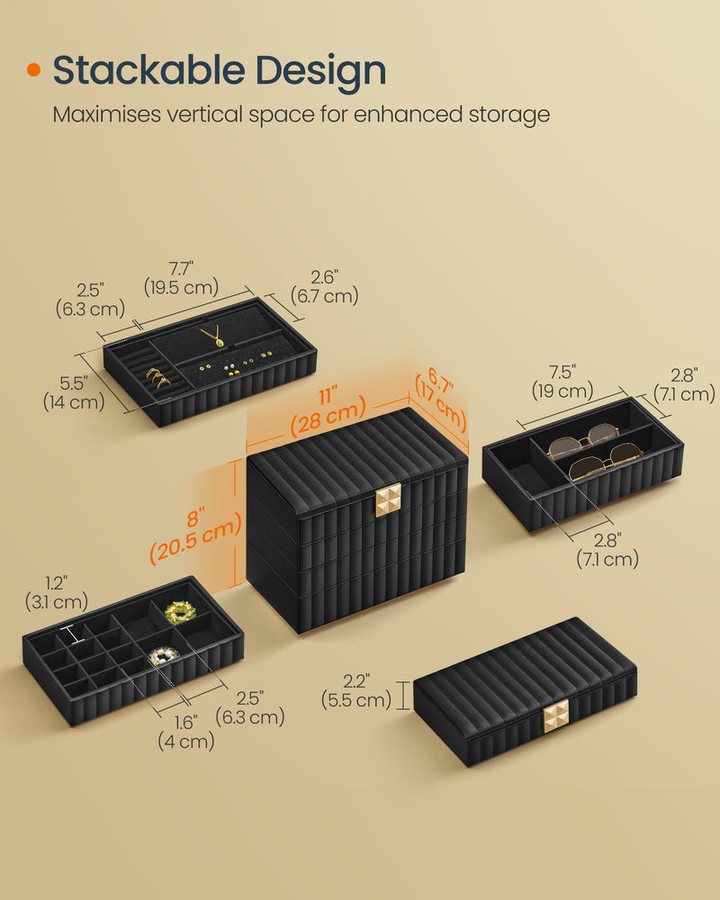 Stackable Jewellery Box in Ink Black with Multiple Compartments for Organising by Songmics Home