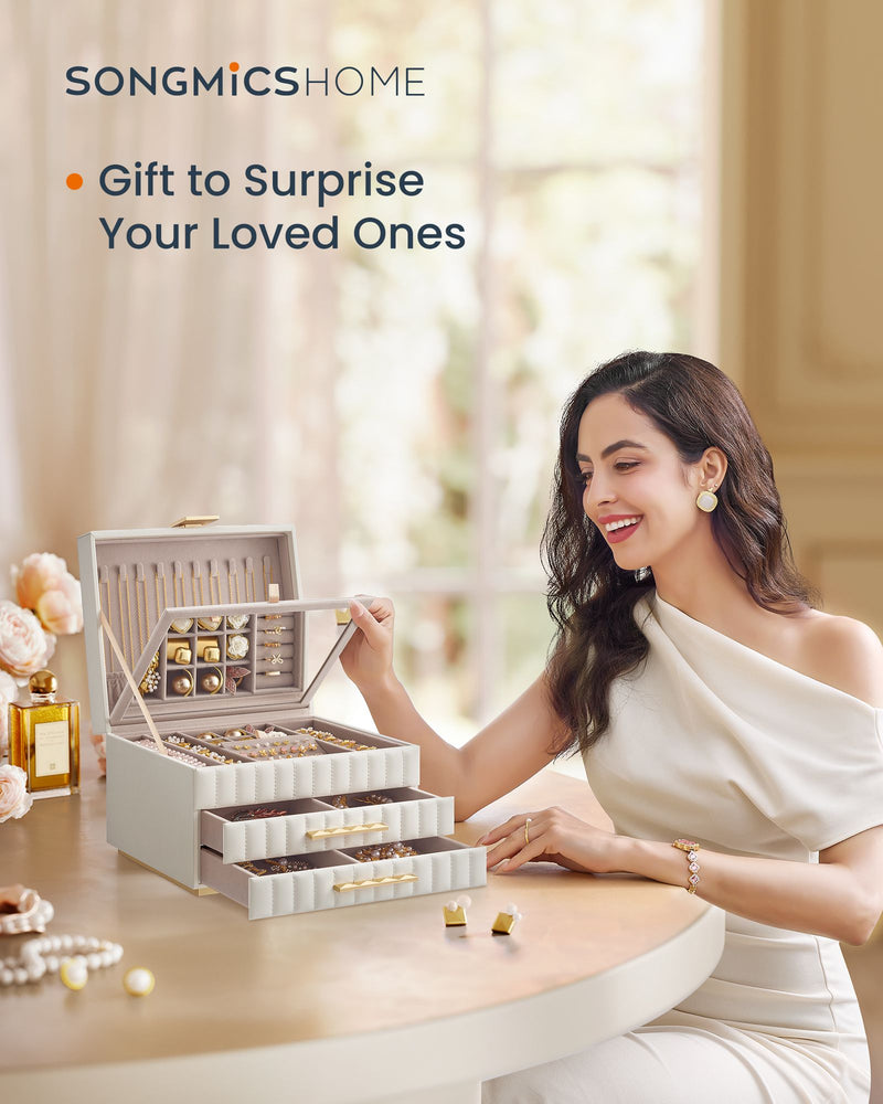 Cloud White 3 Tier Jewellery Box with Mirror and Organiser Compartments by Songmics Home