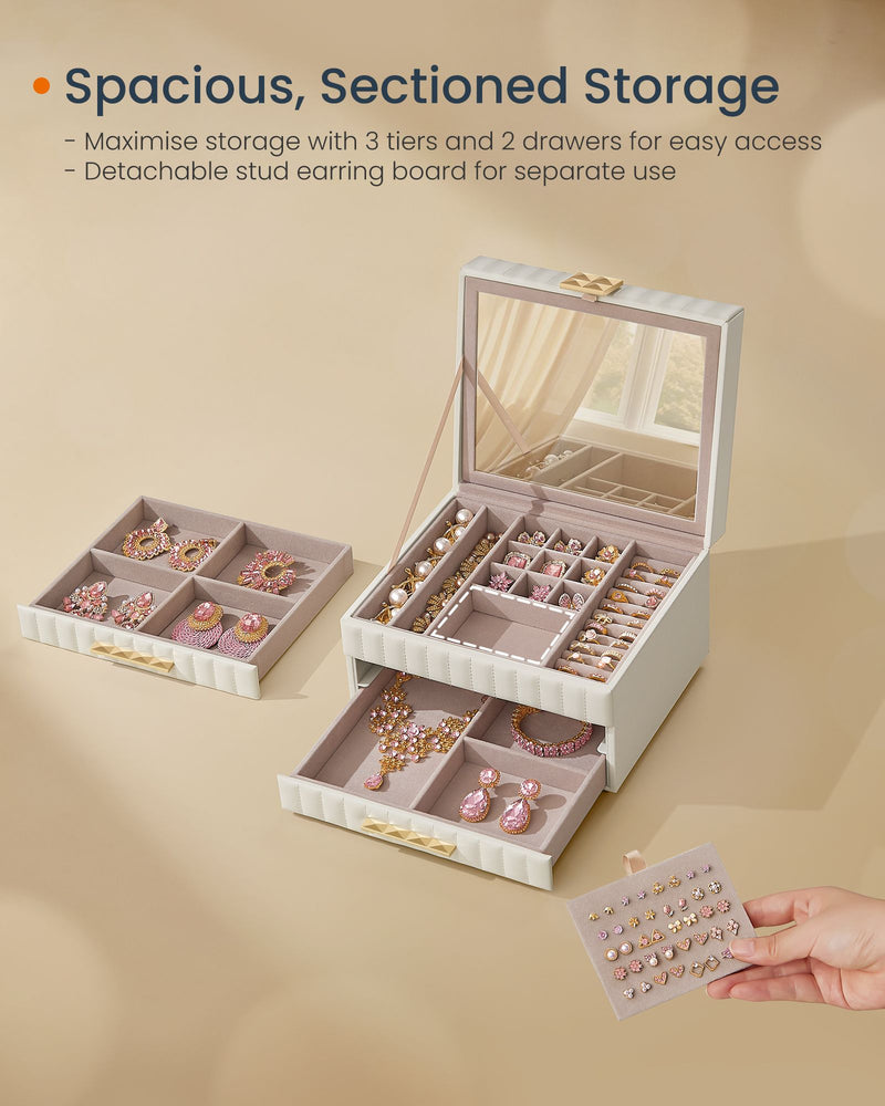 Cloud White 3 Tier Jewellery Box with Mirror and Organiser Compartments by Songmics Home