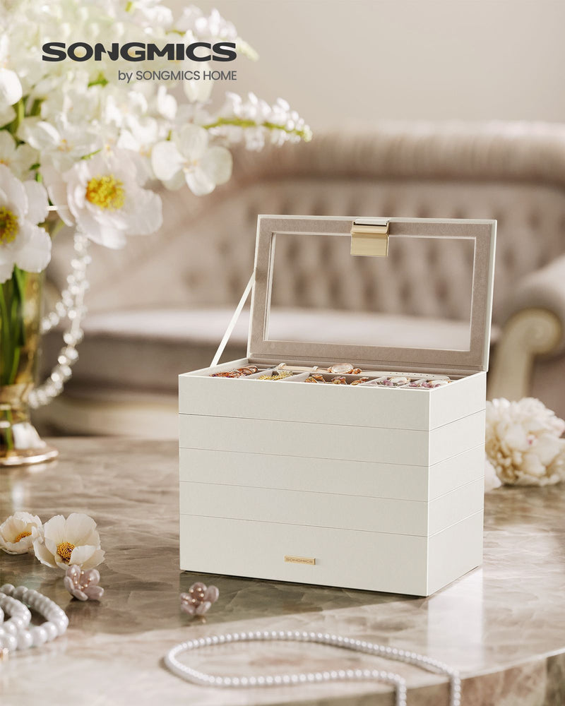 5 Tier Stackable Jewellery Organiser Trays in Cloud White for Dressers and Drawers by Songmics