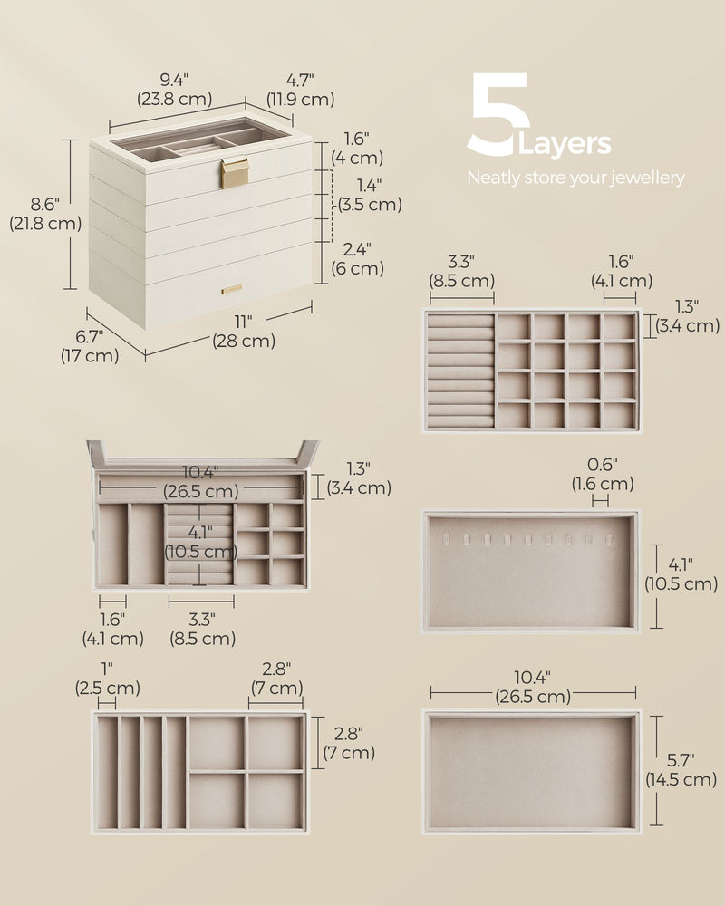 5 Tier Stackable Jewellery Organiser Trays in Cloud White for Dressers and Drawers by Songmics