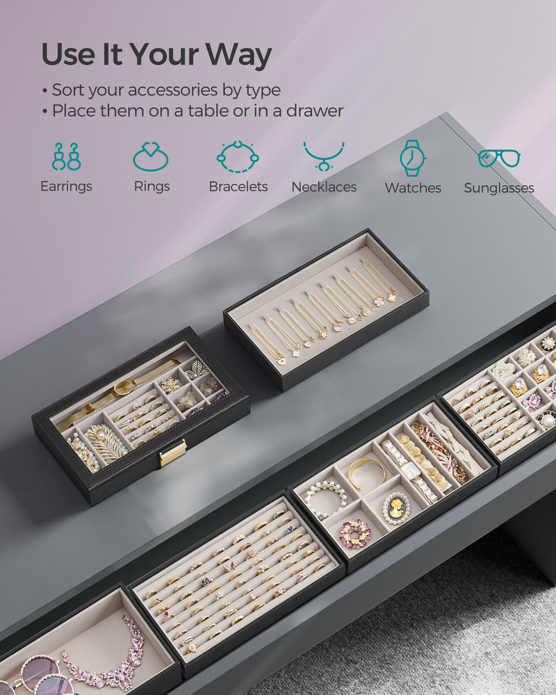 6 Tier Stackable Jewellery Organiser Trays in Ink Black for Dressing Table by Songmics