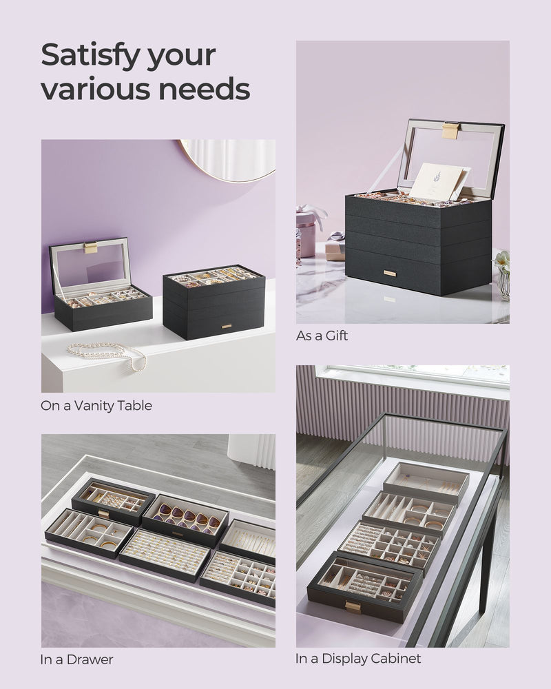 6 Tier Stackable Jewellery Organiser Trays in Ink Black for Dressing Table by Songmics