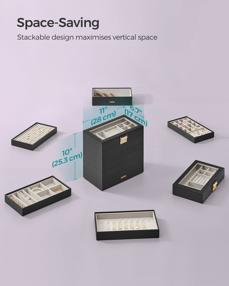 6 Tier Stackable Jewellery Organiser Trays in Ink Black for Dressing Table by Songmics