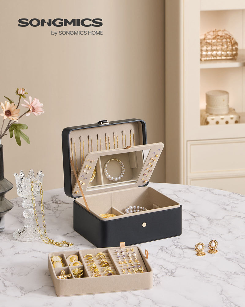 2 Layer Black Jewellery Box with Mirror and Removable Tray for Organising by Songmics