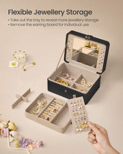 2 Layer Black Jewellery Box with Mirror and Removable Tray for Organising by Songmics
