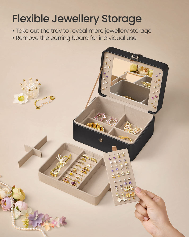 2 Layer Black Jewellery Box with Mirror and Removable Tray for Organising by Songmics