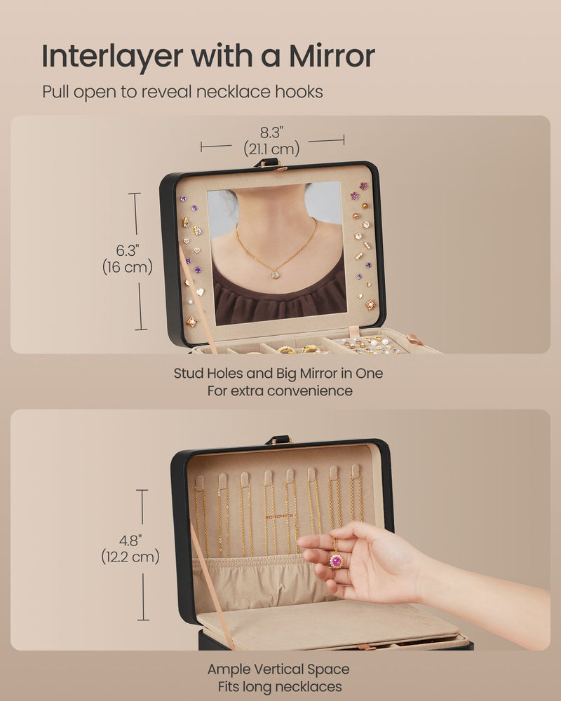 2 Layer Black Jewellery Box with Mirror and Removable Tray for Organising by Songmics