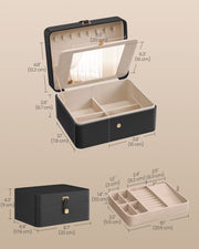 2 Layer Black Jewellery Box with Mirror and Removable Tray for Organising by Songmics
