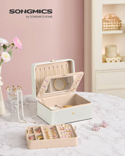 White Two Layer Jewellery Box with Mirror and Removable Tray for Organising by Songmics