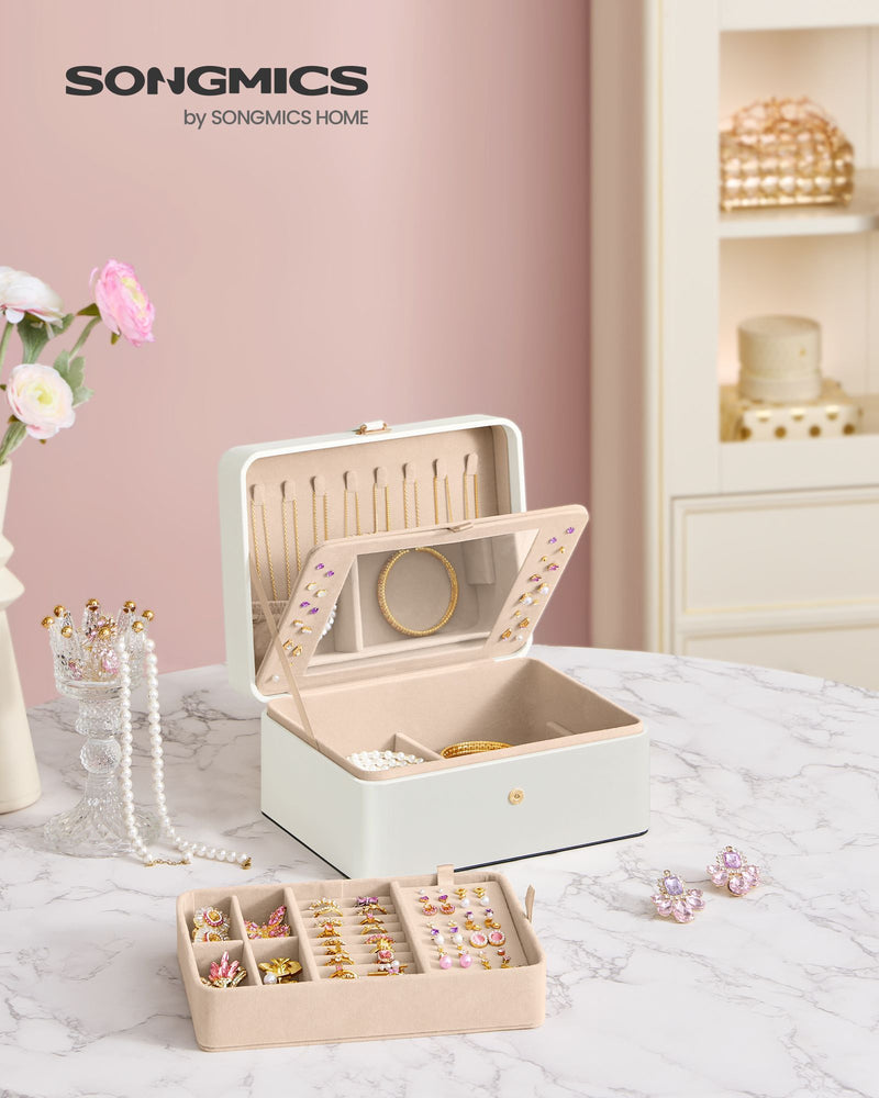White Two Layer Jewellery Box with Mirror and Removable Tray for Organising by Songmics