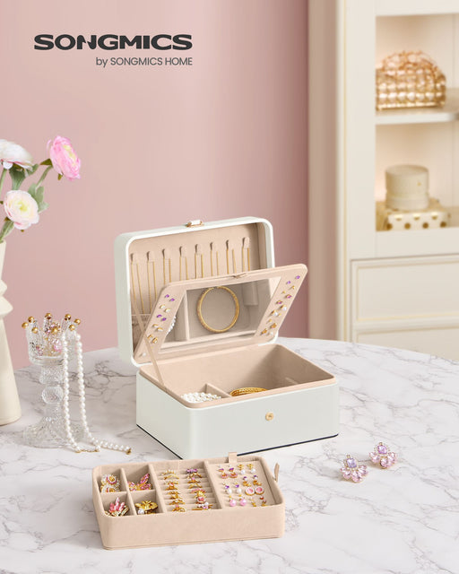 White Two Layer Jewellery Box with Mirror and Removable Tray for Organising by Songmics