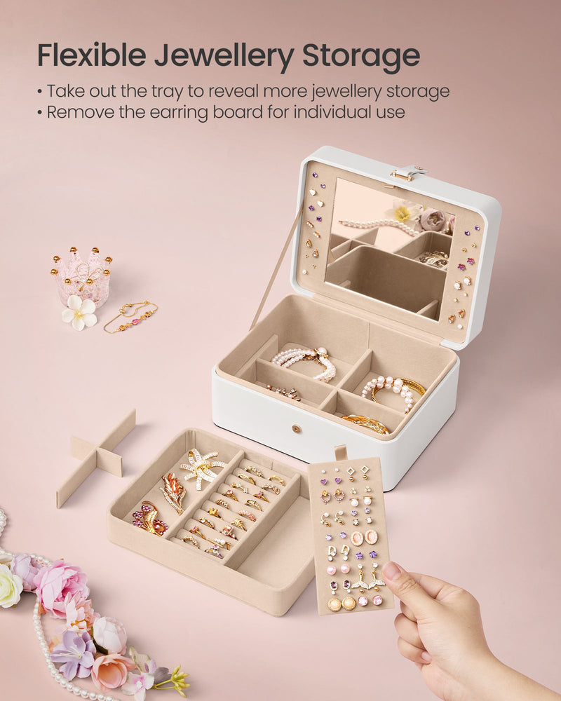 White Two Layer Jewellery Box with Mirror and Removable Tray for Organising by Songmics