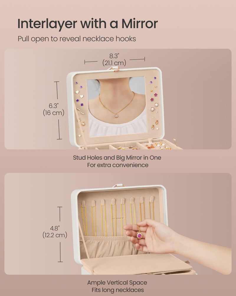 White Two Layer Jewellery Box with Mirror and Removable Tray for Organising by Songmics