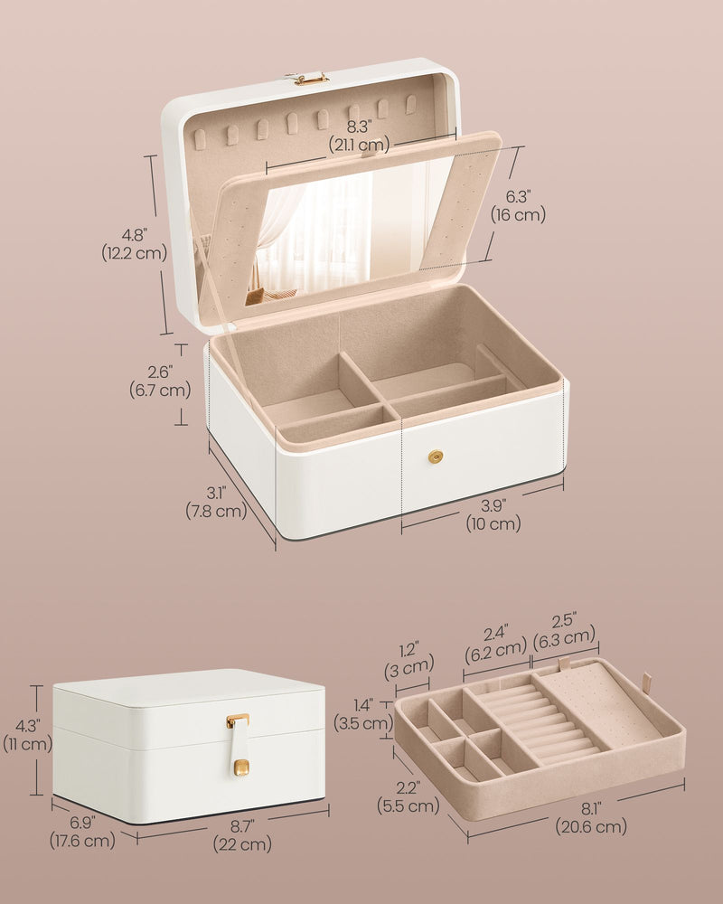 White Two Layer Jewellery Box with Mirror and Removable Tray for Organising by Songmics