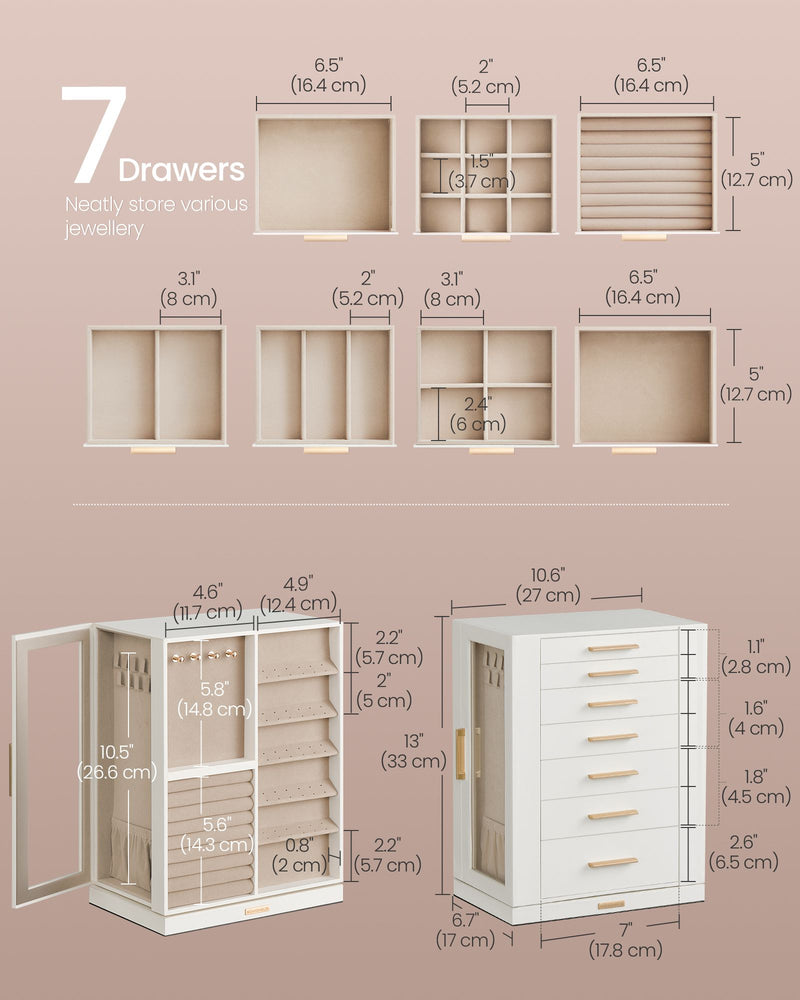 White 360 Degree Rotating Jewellery Box with 7 Drawers for Organised Storage by Songmics