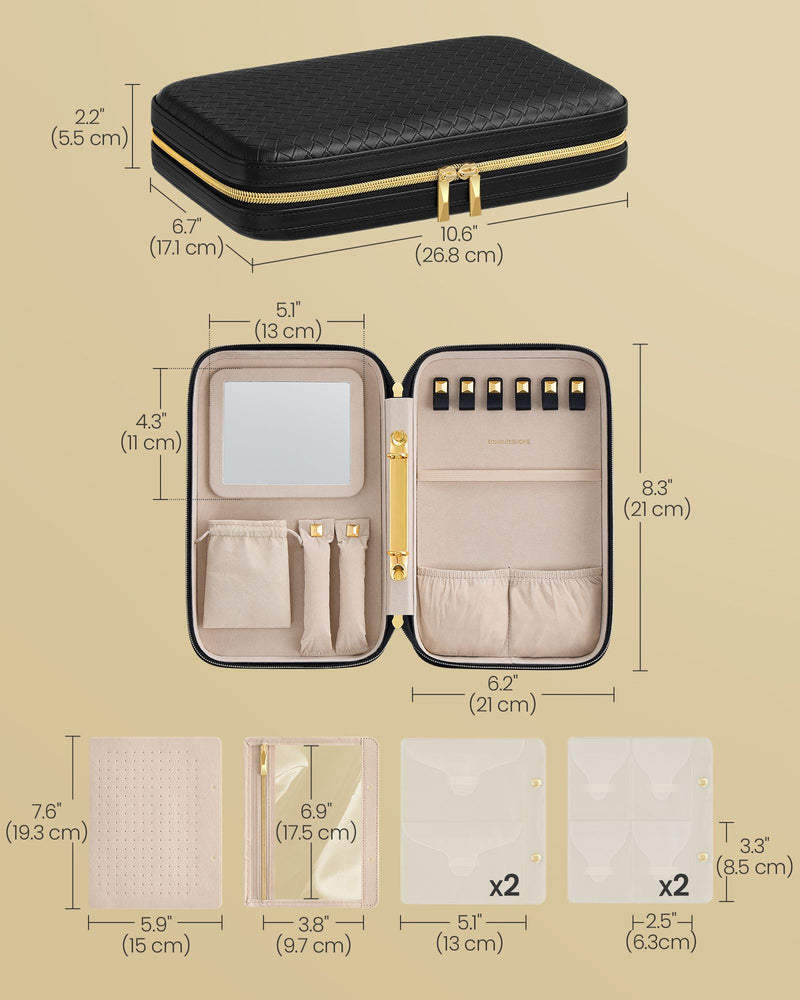 Travel Jewellery Box with Mirror in Ink Black Compact Organiser Case by Songmics Home