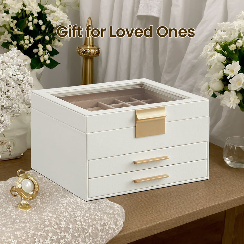 3 Layer Jewellery Box with Glass Lid and Drawers for Organising Accessories by Songmics